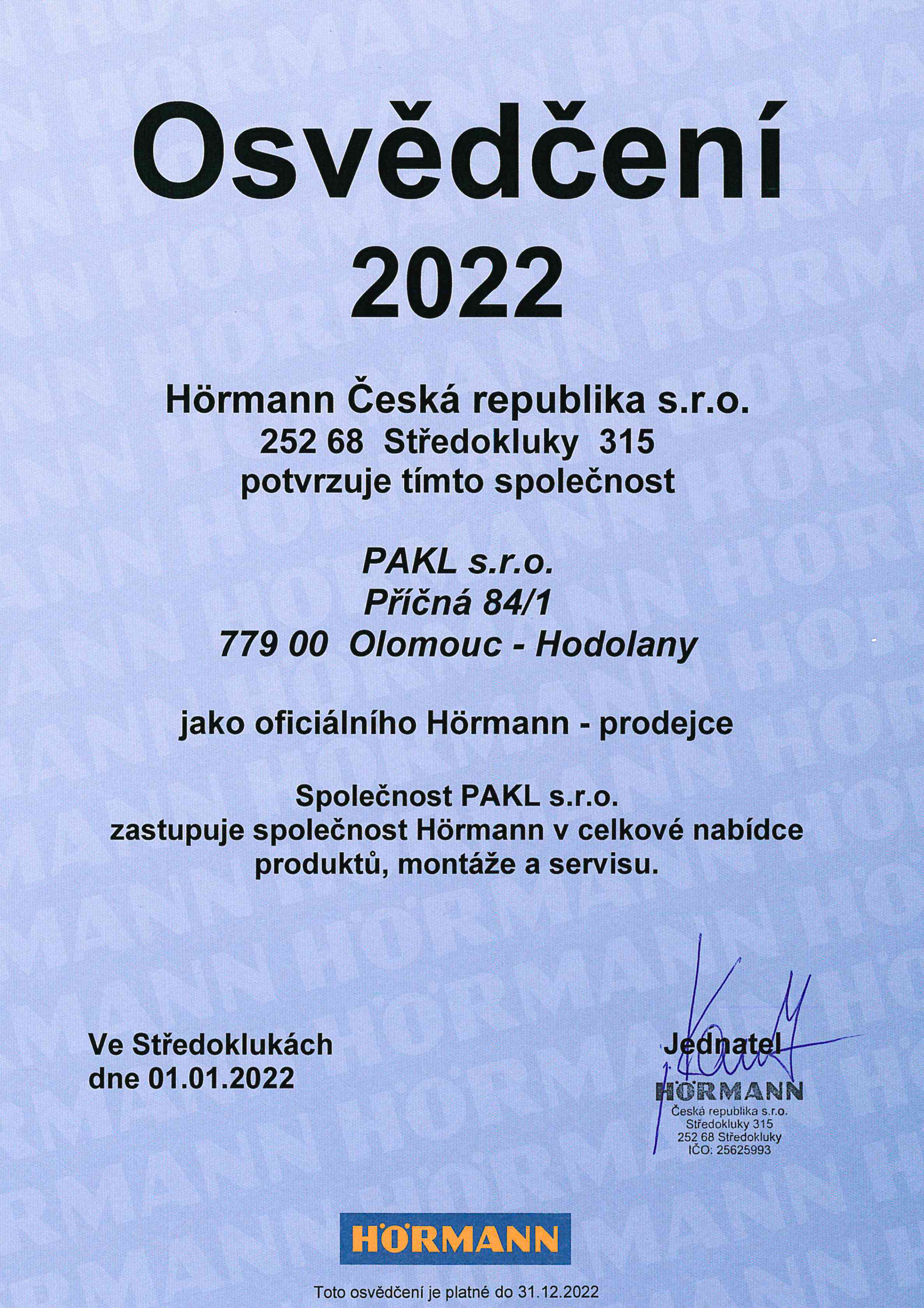 hormann certifikat 2022